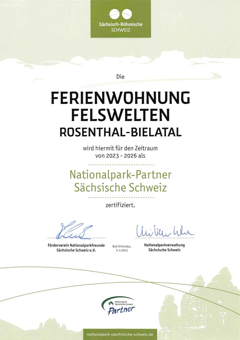 Ferienwohnungen Felswelten in Rosenthal-Bielatal - Nationalpark-Partner - Urkunde